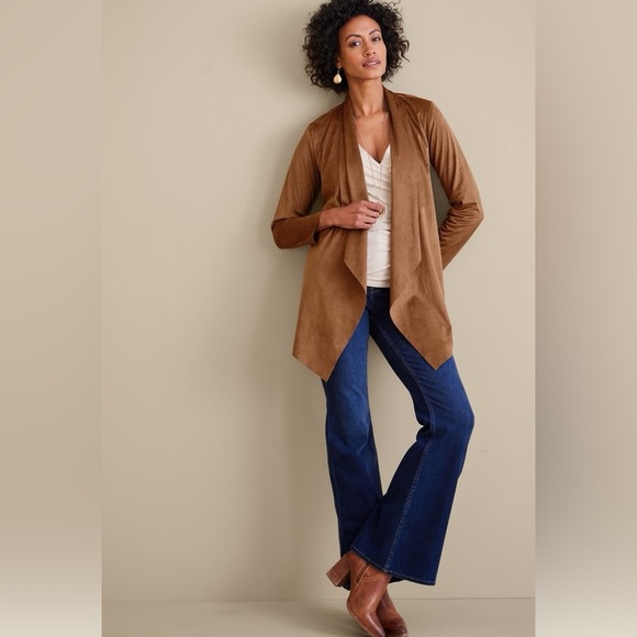 Soft Surroundings Faux Suede Tan Camel Open Waterfall Cardigan Blazer - Picture 6 of 8